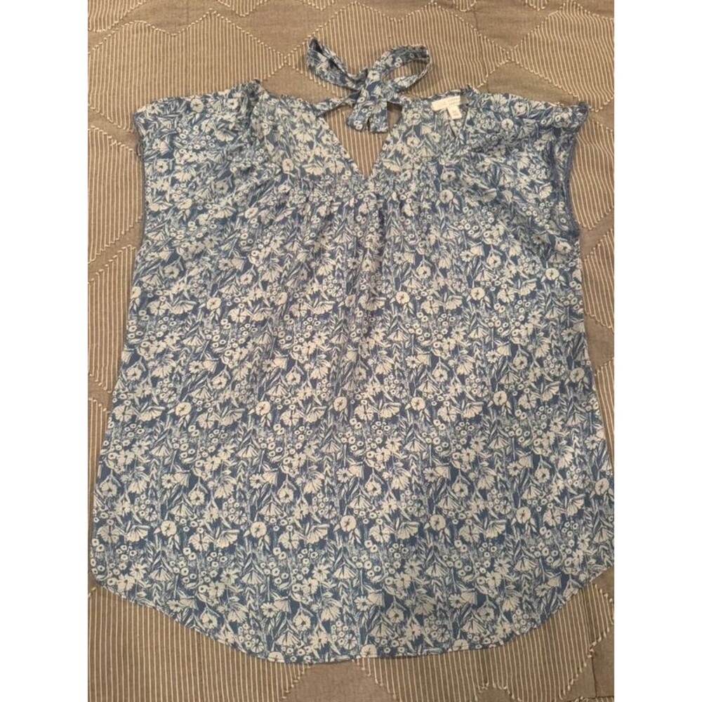LC Lauren Conrad Women’s M Blue White Floral Print Sleeveless Tie Neck Blouse